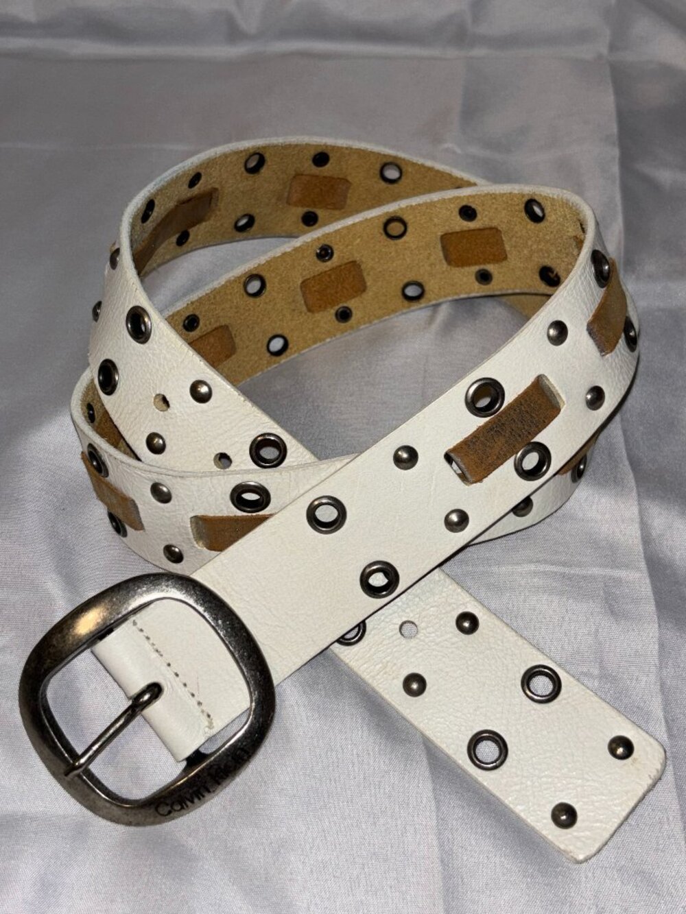 Calvin Klein White Genuine Leather Studded Grommet Belt Size Women's Large